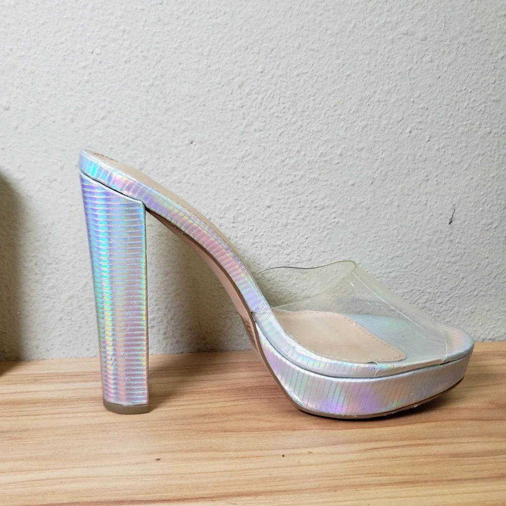Shoe Dazzle Silver Holographic Platform Block Heels Clear Strap Rave Dancer Sz 8